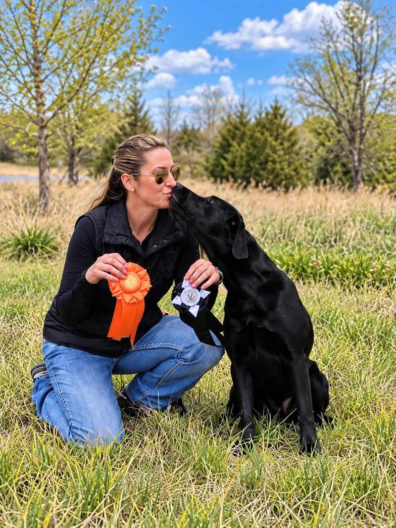 Chelsea with her black Lab and their hunt test ribbons.